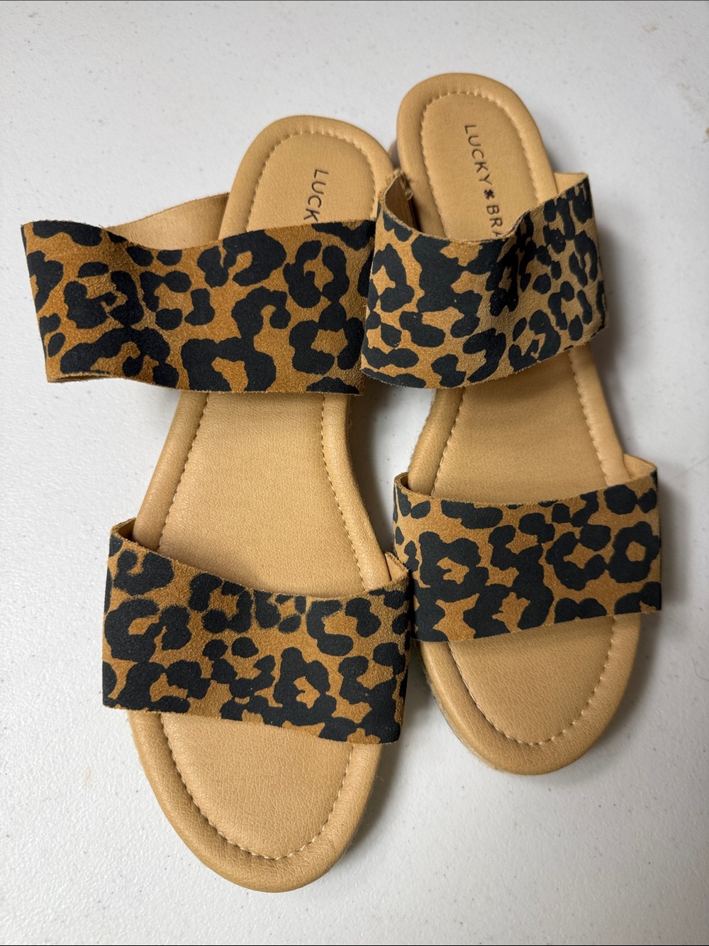 Lucky Brand Leopard-Print Double Strap Slide Sandals - Tan/Black